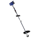 The blue and silver Victa Swift-Start Straight Shaft Trimmer features a black handle and shield. Boasting an advanced anti-vibration system, this gas-powered marvel includes a 25.4cc full crank engine, primer bulb, and throttle control for seamless operation.