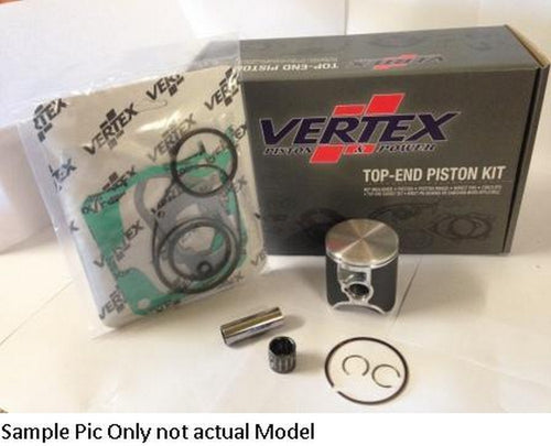 Image of a TOP END KIT W/ VERTEX PISTON TOP GASKET SET SMALLEND BEARING YAMAHA YZ125 05-21 YZ125X 19-21 53.95MM for four-stroke engines. The kit includes various components, such as gaskets, a piston, rings, a pin, and a bearing, arranged in front of the product packaging. The text at the bottom states, "Sample Pic Only not actual Model." Perfect for replacement pistons.
