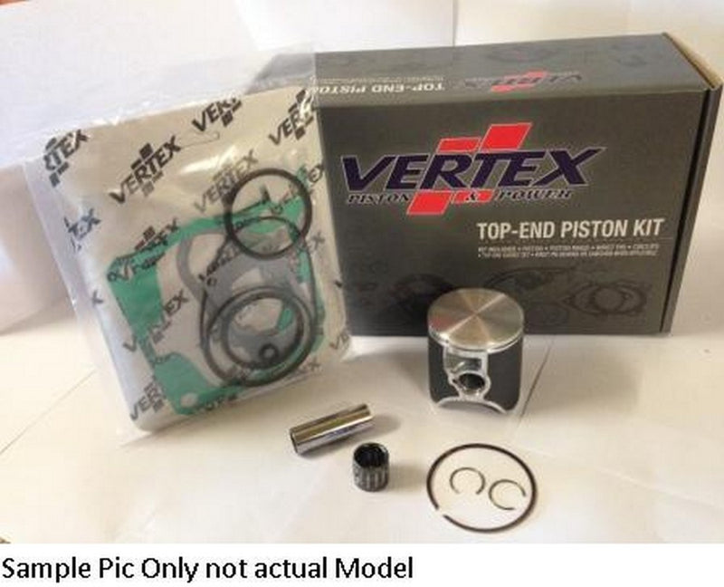 Image of a TOP END KIT W/ VERTEX PISTON TOP GASKET SET SMALLEND BEARING YAMAHA YZ125 05-21 YZ125X 19-21 53.95MM for four-stroke engines. The kit includes various components, such as gaskets, a piston, rings, a pin, and a bearing, arranged in front of the product packaging. The text at the bottom states, "Sample Pic Only not actual Model." Perfect for replacement pistons.
