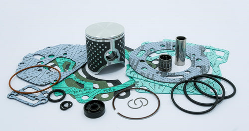 A variety of engine components arranged on a white background, including a TOP END KIT VERTEX RACE EVOLUTION YZ125 YZ125X 05-21 53.95MM by VERTEX, gaskets, O-rings, a cylindrical pin, and various seals and bearings. The gaskets are distinguishable by their light blue and green color with printed text.