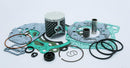 A variety of engine components arranged on a white background, including a TOP END KIT VERTEX RACE EVOLUTION YZ125 YZ125X 05-21 53.95MM by VERTEX, gaskets, O-rings, a cylindrical pin, and various seals and bearings. The gaskets are distinguishable by their light blue and green color with printed text.