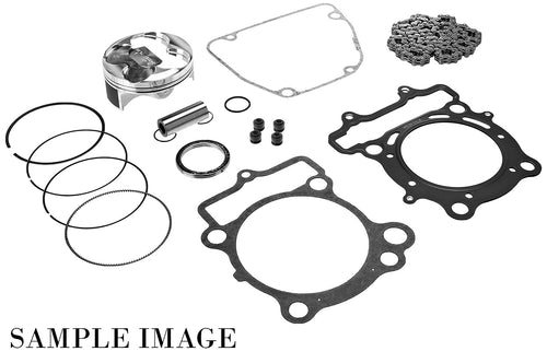 The TOP END KIT VERTEX PISTON, RINGS, PINS, CIRCLIPS, TOP END GASKETS & CAM CHAIN RMZ450 18-20 95.95MM by VERTEX is displayed with various components laid out neatly on a white background. This includes pistons, piston rings, gaskets, and a cam chain among other small hardware parts. A sample image watermark is visible in the bottom left corner.
