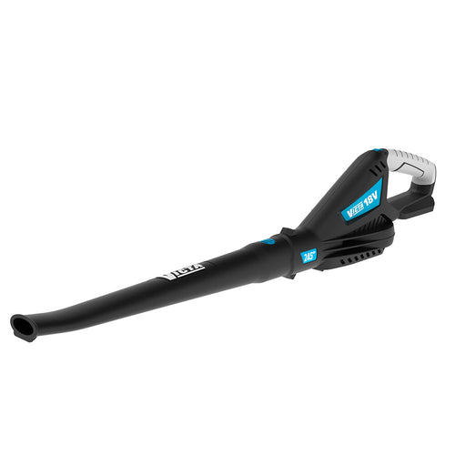 A black and blue Victa 18V Blower - Console Only with an extended nozzle and handle, featuring the text "Victa 18V" and "245" visible on the side. The handle has a white accent, and it houses an 18V Lithium-Ion Battery. The overall design is sleek and modern.