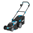 A black and blue electric lawnmower with the brand name "Victa" on the side features large rear wheels, smaller front wheels, and a robust handlebar with blue accents. Powered by Briggs & Stratton 18V brushless motor technology, it includes a grass collection bag attached to the rear of the mower. This model is identified as the Victa Dual Battery 37CM 18V Lawnmower Kit.
