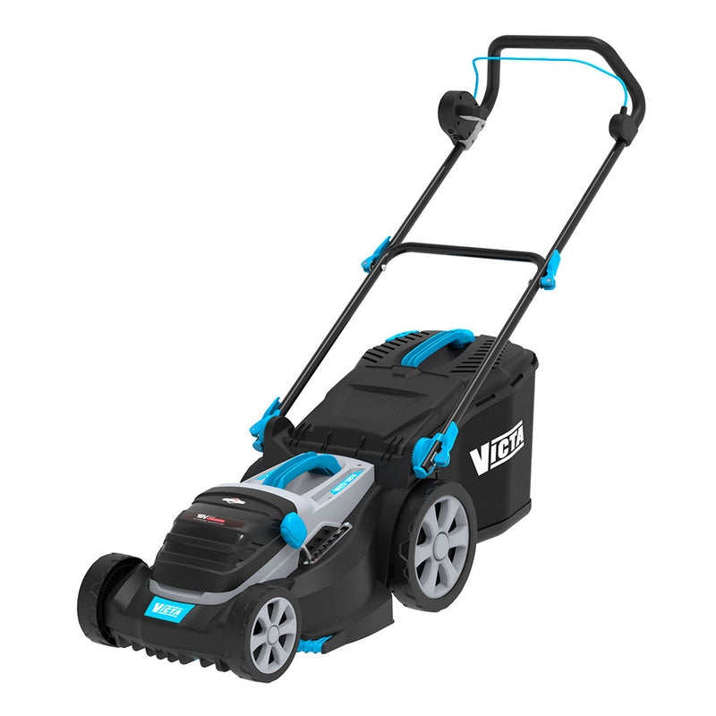 A black and blue electric lawnmower with the brand name "Victa" on the side features large rear wheels, smaller front wheels, and a robust handlebar with blue accents. Powered by Briggs & Stratton 18V brushless motor technology, it includes a grass collection bag attached to the rear of the mower. This model is identified as the Victa Dual Battery 37CM 18V Lawnmower Kit.