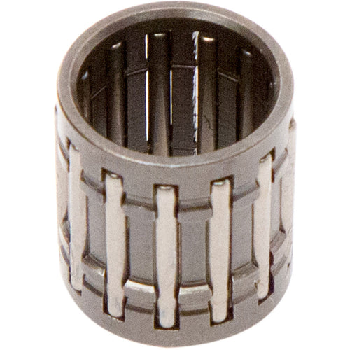A cylindrical needle roller bearing, akin to the SMALL END BEARING VERTEX KX80 82-00 KX85 01-21 KX100 95-20 RM100 03-06 14X18X17.5 found in VERTEX models, features metal cylindrical rollers arranged around the inside. The outer shell appears smooth with a series of vertical slots, designed to facilitate rotational movement seamlessly.