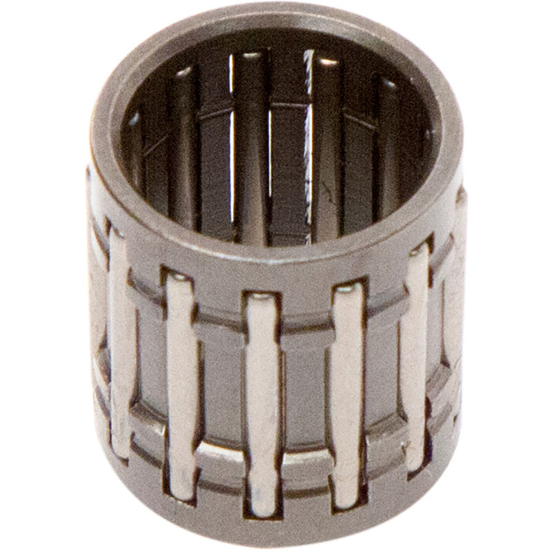 A cylindrical needle roller bearing, akin to the SMALL END BEARING VERTEX KX80 82-00 KX85 01-21 KX100 95-20 RM100 03-06 14X18X17.5 found in VERTEX models, features metal cylindrical rollers arranged around the inside. The outer shell appears smooth with a series of vertical slots, designed to facilitate rotational movement seamlessly.