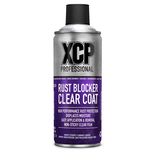A silver aerosol can labeled "XCP RUST BLOCKER CLEAR COAT - HIGH PERFORMANCE RUST PROTECTION 400ML" with a black cap. The text describes it as providing high-performance corrosion protection, displacing moisture, and offering easy application and removal with a non-sticky clear film.