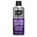 A silver aerosol can labeled "XCP RUST BLOCKER CLEAR COAT - HIGH PERFORMANCE RUST PROTECTION 400ML" with a black cap. The text describes it as providing high-performance corrosion protection, displacing moisture, and offering easy application and removal with a non-sticky clear film.