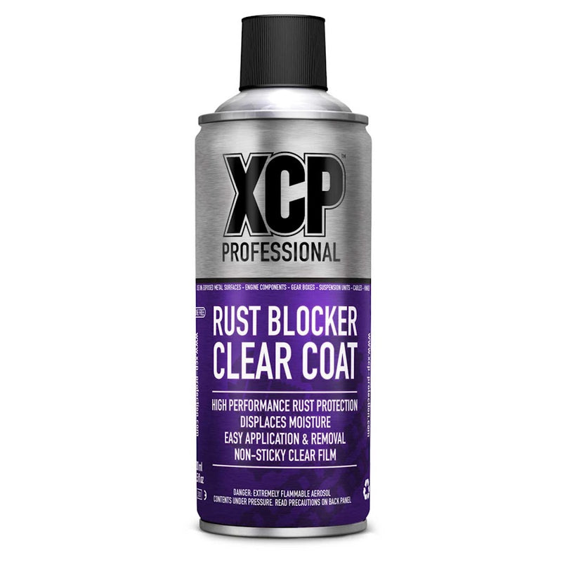 A silver aerosol can labeled "XCP RUST BLOCKER CLEAR COAT - HIGH PERFORMANCE RUST PROTECTION 400ML" with a black cap. The text describes it as providing high-performance corrosion protection, displacing moisture, and offering easy application and removal with a non-sticky clear film.