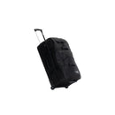 The Albek Travel Bag Long Haul, an elegant and functional black wheeled travel suitcase, is displayed against a white background. This lightweight travel bag features an extended telescopic handle, multiple zippered compartments, and sturdy reinforcement straps. One side of the suitcase prominently displays the ALBEK brand logo.