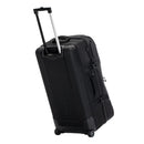 The Albek Travel Bag Long Haul, an elegant and functional black wheeled travel suitcase, is displayed against a white background. This lightweight travel bag features an extended telescopic handle, multiple zippered compartments, and sturdy reinforcement straps. One side of the suitcase prominently displays the ALBEK brand logo.