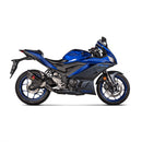 The Akrapovic Slip On Muffler MT03/YZF-R3 by AKRAPOVIC is a sleek black carbon fiber design with a metallic tip and mounting brackets. Featuring a red and yellow logo sticker, this expertly crafted exhaust tuning component is showcased against a plain white background for elegance.