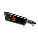 The Akrapovic Slip On Muffler MT03/YZF-R3 by AKRAPOVIC is a sleek black carbon fiber design with a metallic tip and mounting brackets. Featuring a red and yellow logo sticker, this expertly crafted exhaust tuning component is showcased against a plain white background for elegance.