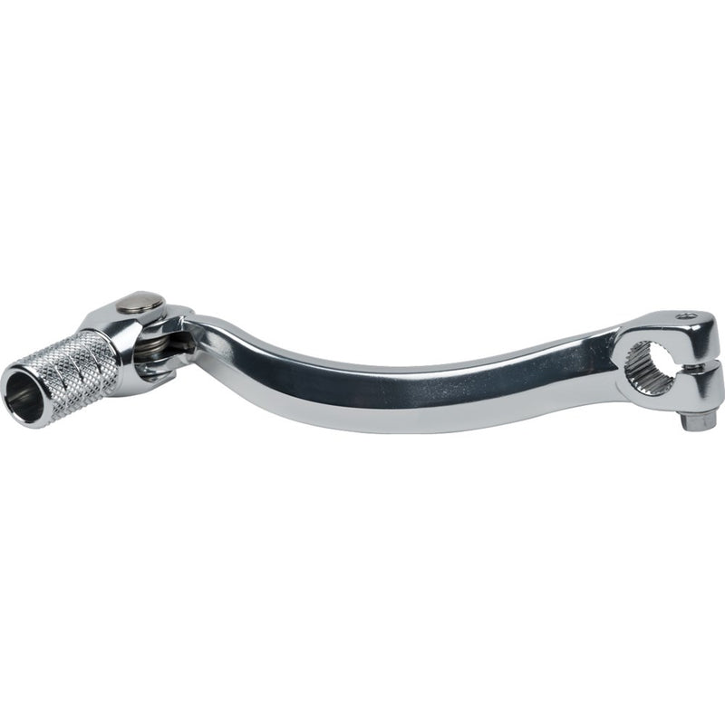 A close-up image of the ProTaper Gear Lever CRF250R 11-17 by ProTaper shows a silver aluminum shift lever designed for Honda motorcycles. Crafted from durable forged 6061 aluminum, this lever features a textured, cylindrical pedal for enhanced grip and a secure clamp attachment for easy installation on the bike. The metal surface of the lever is shiny and reflective, emphasizing its high-quality construction.