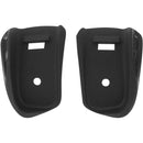 Close-up of two ALPINESTARS Alpinestars Buckle Base Tech-10 2014 black plastic parts, featuring a rectangular and circular hole. Their symmetrical design suggests they're components for a buckle base assembly. The surface is smooth and polished.
