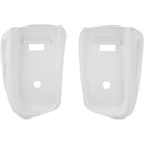 Two white plastic paddle-shaped pieces, reminiscent of high-tech components, feature openings and evoke the innovative Alpinestars Buckle Base Tech-10 2014 by ALPINESTARS, suggesting cutting-edge gear like buckles or bases placed side by side on a plain background.