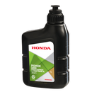 A 1-liter black plastic bottle of Honda Genuine Power Equipment Engine Oil 10W30 1L, perfect for bikes and garden tools. The bottle features a red Honda logo and a green and white label that provides product information, along with a black cap featuring a spout for easy pouring.