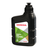 A 1-liter black plastic bottle of Honda Genuine Power Equipment Engine Oil 10W30 1L, perfect for bikes and garden tools. The bottle features a red Honda logo and a green and white label that provides product information, along with a black cap featuring a spout for easy pouring.