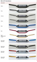 Renthal 7/8th ATV and offroad handlebars are available in a range of colours - not all available for the New Zealand market and varies with bends