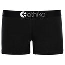 A pair of Ethika Women Midnight Black Staple boxer briefs, featuring the Ethika band on the black waistband for full coverage, displayed against a white background.