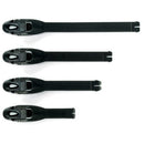 Four black/white plastic ski pole grips of varying lengths stand vertically against a white background, resembling seamless Alpinestars Tech-6/M6 Straps from Crown Kiwi Enterprises Limited.