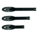 Three black Alpinestars Tech-6S/4S Strap Kit buckles from Crown Kiwi Enterprises Limited are laid out on a white background, arranged horizontally from shortest to longest, featuring an adjustable strap and clasp mechanism for secure fastening.