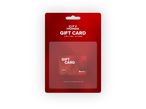 A red City Honda Manawatu Online Gift Card (From $10 up to $500) packaging for an online store. The packaging features a transparent window showing the enclosed gift card. The text reads "City Honda Manawatu Online Gift Card (From $10 up to $500) Online Store" and provides a link to shop.cityhonda.co.nz at the bottom, perfect for online purchases and giving the gift of choice.