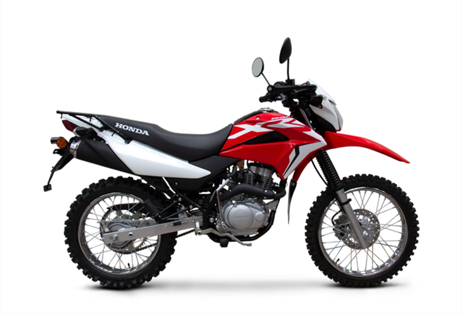 A red, white, and black Honda dual-sport motorcycle, the XR150L, is shown in profile on a white background. The bike features off-road tires, a high front fender, and a black seat with the 