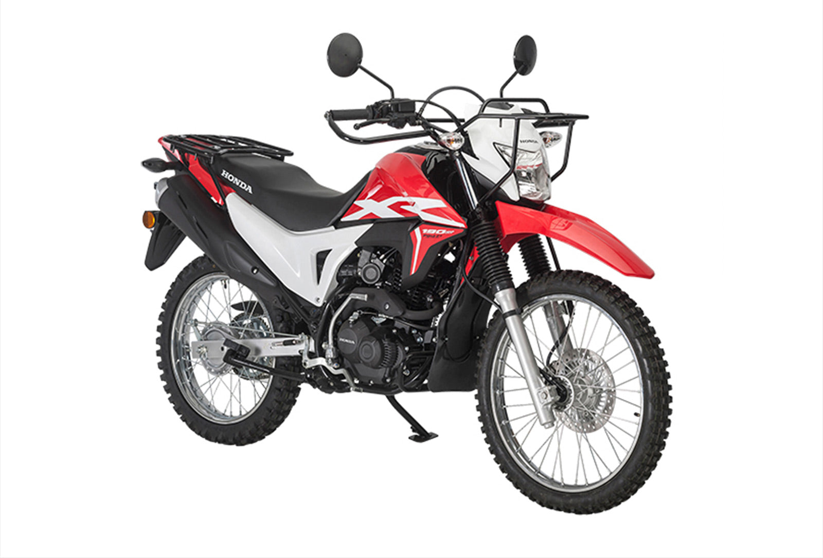 A Honda XR190CT off-road motorcycle, featuring a striking red and white design, is depicted against a plain white background. This powerful bike boasts a 184cc fuel-injected engine, knobby tires, a headlight with a small visor, and a rear license plate holder. It also includes a prominent exhaust pipe and suspension system crafted for navigating rough terrain.
