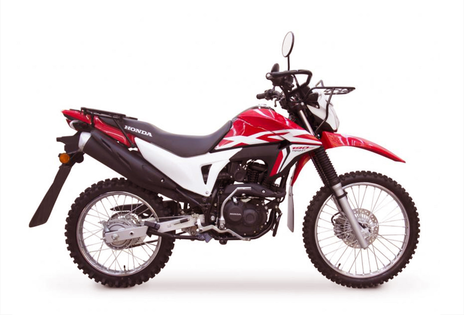 A Honda XR190CT off-road motorcycle, featuring a striking red and white design, is depicted against a plain white background. This powerful bike boasts a 184cc fuel-injected engine, knobby tires, a headlight with a small visor, and a rear license plate holder. It also includes a prominent exhaust pipe and suspension system crafted for navigating rough terrain.