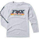 The Fox Youth Throwback Long-sleeved Tee by FOX is a grey youth tee featuring the "Fox Racing" logo with a stylized fox head on the chest and "MOTO-X FOX" text on the right sleeve. It offers a comfortable fit and eye-catching screenprint artwork.