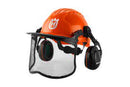 The Husqvarna Forest Helmet Functional Complete equipped with ergonomic hearing protectors and an UltraVision full-face mesh visor. The helmet features a white "H" logo on the front and black adjustable straps for secure fitting. Ideal for industrial or construction settings, it provides comprehensive head, ear, and face protection.