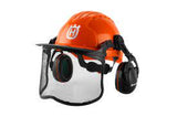 The Husqvarna Forest Helmet Functional Complete equipped with ergonomic hearing protectors and an UltraVision full-face mesh visor. The helmet features a white "H" logo on the front and black adjustable straps for secure fitting. Ideal for industrial or construction settings, it provides comprehensive head, ear, and face protection.