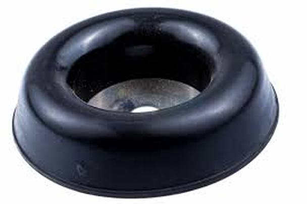 The Husqvarna Trimmer Support Cup M10 - Black is a small, black, round rubber component with a hollow center and a slightly raised outer rim. This smooth, protective grommet is designed for sealing or insulating purposes in Husqvarna brushcutters and is depicted against a plain white background.