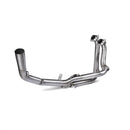 The Akrapovic S/Steel Header Tuareg 660 by AKRAPOVIC features a stainless steel exhaust system with multiple curving pipes converging into a larger opening. It boasts an Akrapovič Slip-On design, with two top mounting points and a polished industrial finish against a plain white background.