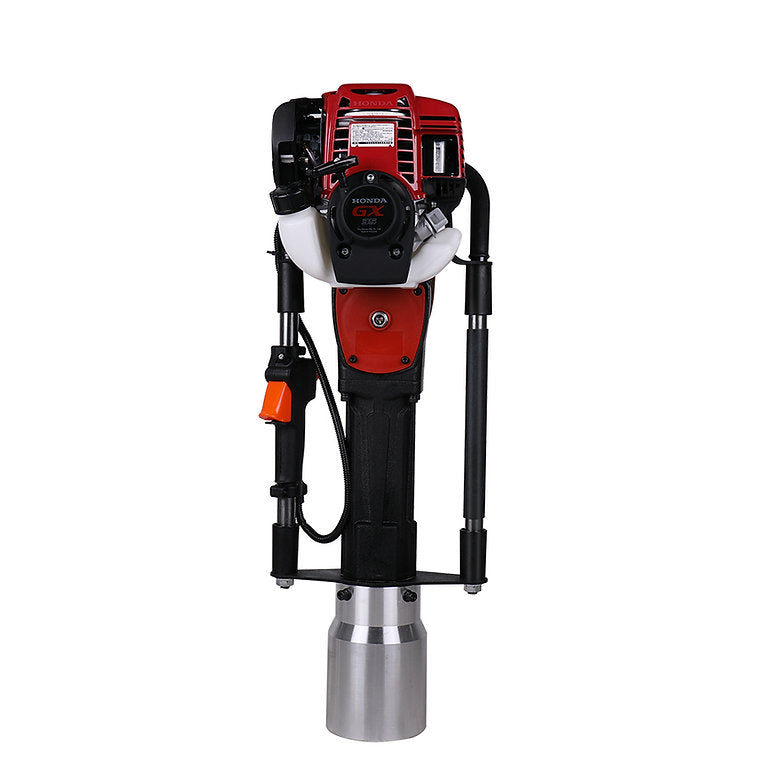 The Power Tech PPD-120 GX50 Post Driver by Power Tech Machinery is a heavy-duty red and black earth auger powered by a Honda GX35 engine. It features a cylindrical metal auger bit, ergonomic handles with an orange safety switch, and a robust frame designed for drilling into the ground. This versatile tool can also function as a post driver for added utility.