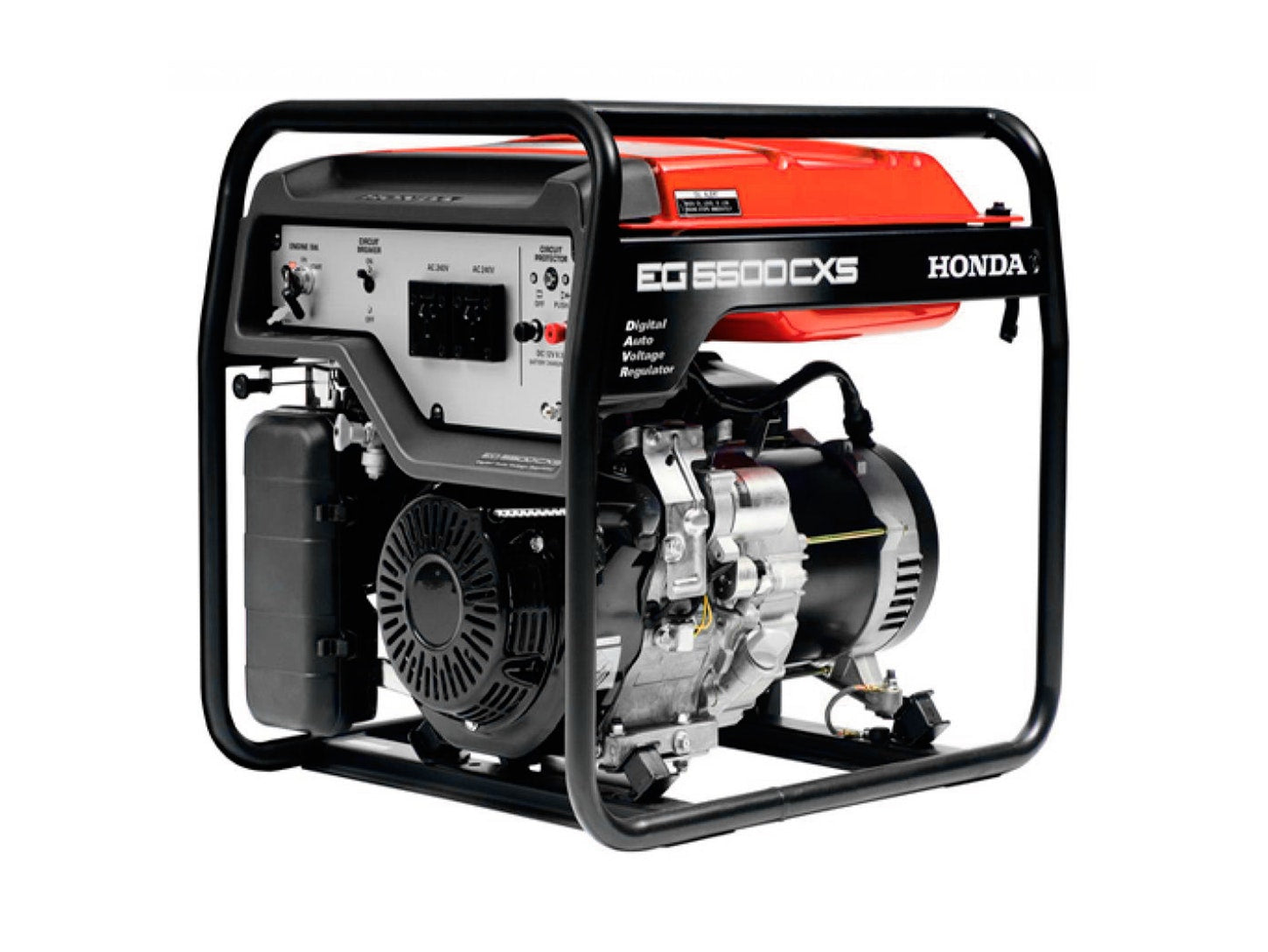 A Honda Power Equipment Honda EG5500CXS Generator, Key Start, encased in a black metal frame. The unit features a red top and various control switches and outlets on the front panel. Designed for generating reliable electricity, it's perfect for home use or as an emergency power source outdoors.