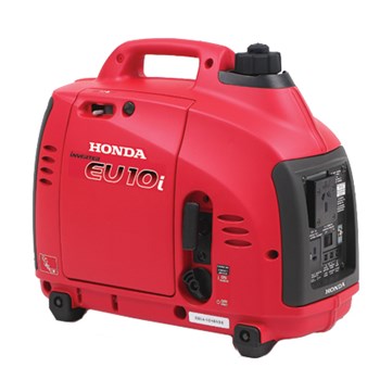 The red Honda Power Equipment Honda EU10i Inverter Generator, perfect for emergency use, comes with a handle on top for easy carrying. This sleek, compact device features various input and output connectors and is designed to provide reliable electricity during outdoor adventures. Its black and red detailing adds to its stylish design.