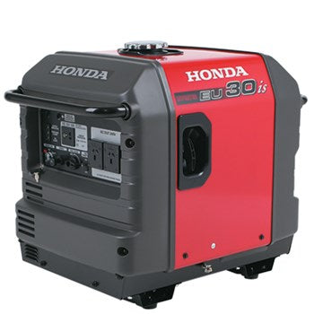 A Honda Power Equipment generator with a red and gray exterior, perfect for gardens and lawns. It has various control panels, outlets, and indicators on the front, labeled 