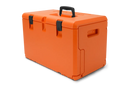 The Husqvarna Carry Case is an orange, rectangular, heavy-duty storage box featuring a black handle on top and two black latches on the front. It includes built-in handles on the sides for easy carrying and is designed as a stackable carrying case. This versatile product is suitable for storing tools, Husqvarna chain saws, or other items requiring secure storage.