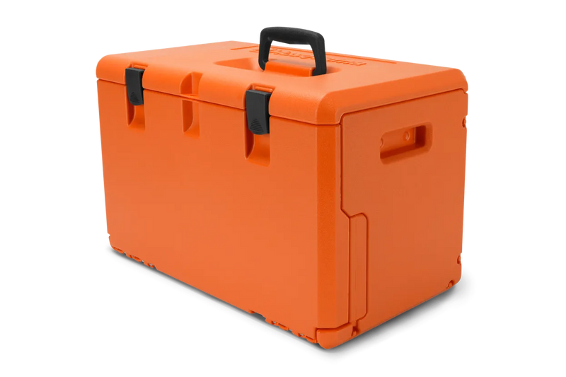 The Husqvarna Carry Case is an orange, rectangular, heavy-duty storage box featuring a black handle on top and two black latches on the front. It includes built-in handles on the sides for easy carrying and is designed as a stackable carrying case. This versatile product is suitable for storing tools, Husqvarna chain saws, or other items requiring secure storage.