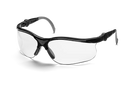 A pair of Husqvarna Safety Glasses in black, featuring yellow, scratch-resistant lenses. The frame has a sleek design with slightly curved arms and integrated nose pads for comfort, functioning perfectly as stylish protective glasses by Husqvarna.