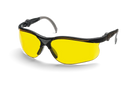 A pair of Husqvarna Safety Glasses in black, featuring yellow, scratch-resistant lenses. The frame has a sleek design with slightly curved arms and integrated nose pads for comfort, functioning perfectly as stylish protective glasses by Husqvarna.