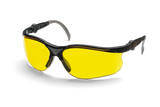 A pair of Husqvarna Safety Glasses in black, featuring yellow, scratch-resistant lenses. The frame has a sleek design with slightly curved arms and integrated nose pads for comfort, functioning perfectly as stylish protective glasses by Husqvarna.