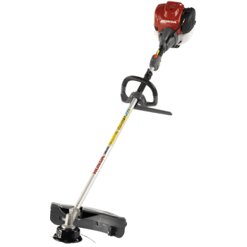 A gas-powered Honda UMK435 Brushcutter from Honda Power Equipment, featuring a curved shaft, red and silver color scheme, black handlebar, robust 4-Stroke Engine, black trimmer head, and an adjustable handle specially designed for cutting grass and weeds.