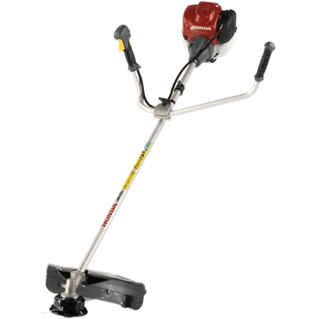 The Honda UMK435 Bull Handle Brushcutter from Honda Power Equipment features a red and black design and is equipped with a robust Honda GX50 Mini 4-Stroke engine. It has a long metal shaft and dual handles that are ergonomically positioned for comfort. The heavy-duty tap-and-go nylon line head is designed specifically for trimming grass and weeds, ensuring effective performance with its minimalist yet sturdy construction.