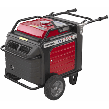 A portable Honda Power Equipment Honda EU70iS Inverter Generator, 2 Wire Auto-Start, 32amp Plug with red and black casing. It features a fuel tank on top, control panel, and exhaust vents on the front. The generator, ideal for civil or defence use, is mounted on a wheeled frame with handlebars for easy transportation. Perfect for reliable electricity wherever it's needed.