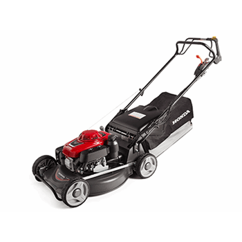 The Honda Power Equipment HRU216 Buffalo Commercial Self-Propelled Mower, featuring a vibrant red and black color scheme, is perfect for residential yard maintenance and comes with a grass collection bag emblazoned with the Honda logo. It includes four wheels, a handlebar with various controls, and a grey lever. Ideal for homeowners, its robust design also appeals to contractors.