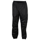 A pair of Alpinestars Hurricane Rain Pants Black by Crown Kiwi Enterprises Limited with a waterproof design, elastic waistband, and ankle cuffs. These pants boast a subtle sheen, reflective visibility features, and a small logo on the upper left leg.